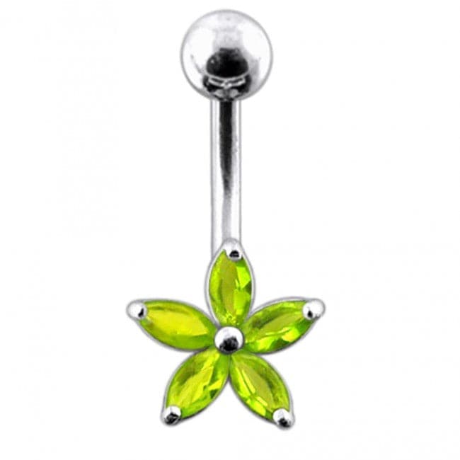 925 Sterling Silver Single Colour Jewelled Flower With SS Curved Banana Belly Ring