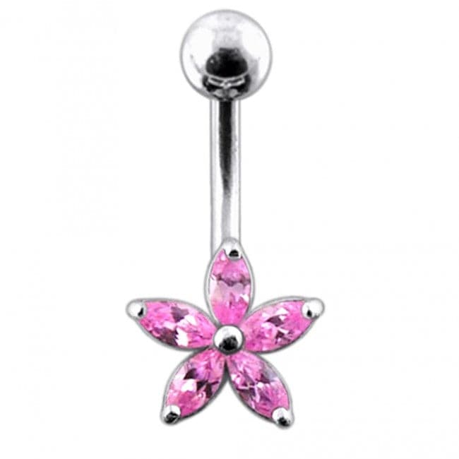 925 Sterling Silver Single Colour Jewelled Flower With SS Curved Banana Belly Ring
