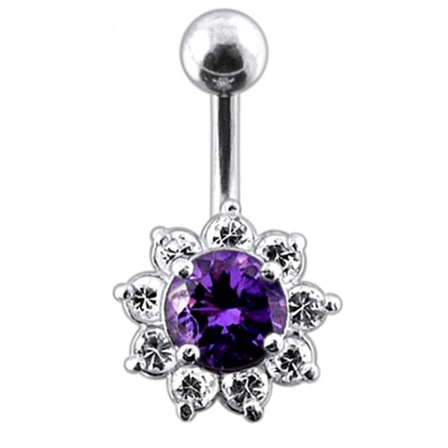 925 Sterling Silver Jewelled Flower Non-Moving Belly Ring