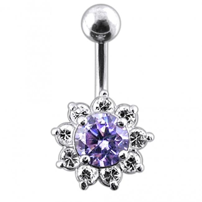 925 Sterling Silver Jewelled Flower Non-Moving Belly Ring