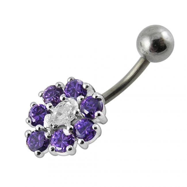 925 Sterling Silver Fancy Jewelled Flower SS Curved Non-Dangle Belly Ring