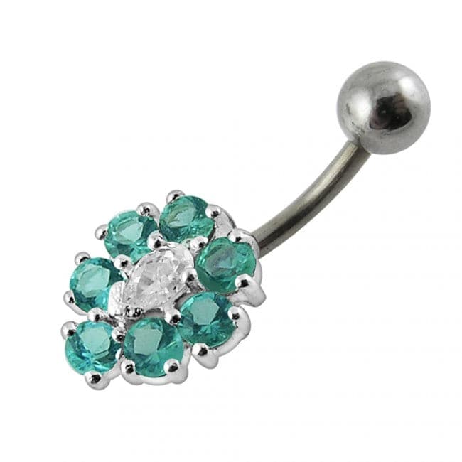 925 Sterling Silver Fancy Jewelled Flower SS Curved Non-Dangle Belly Ring