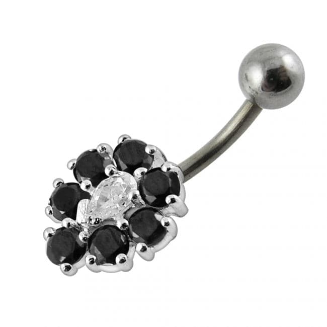 925 Sterling Silver Fancy Jewelled Flower SS Curved Non-Dangle Belly Ring