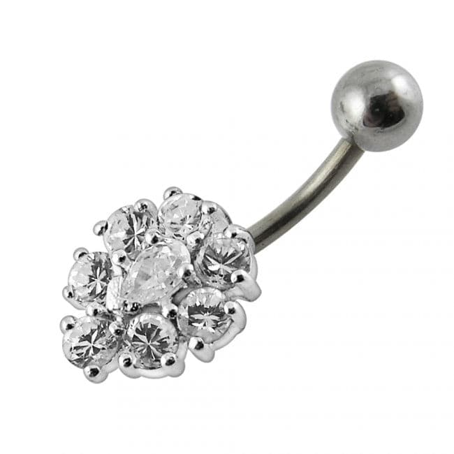 925 Sterling Silver Fancy Jewelled Flower SS Curved Non-Dangle Belly Ring