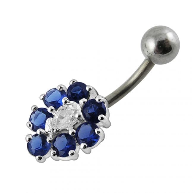 925 Sterling Silver Fancy Jewelled Flower SS Curved Non-Dangle Belly Ring
