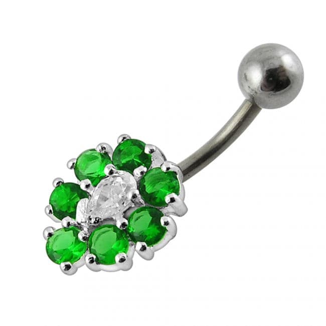 925 Sterling Silver Fancy Jewelled Flower SS Curved Non-Dangle Belly Ring