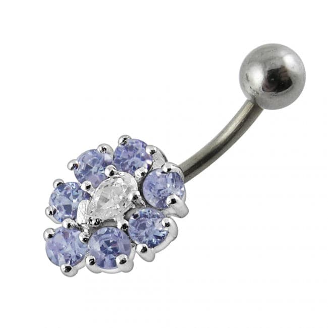 925 Sterling Silver Fancy Jewelled Flower SS Curved Non-Dangle Belly Ring