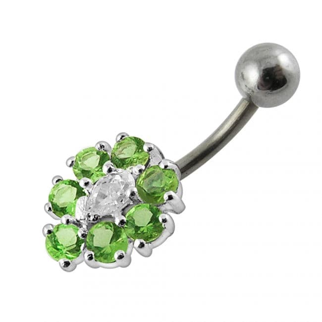 925 Sterling Silver Fancy Jewelled Flower SS Curved Non-Dangle Belly Ring