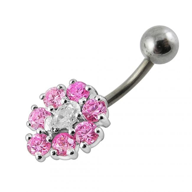 925 Sterling Silver Fancy Jewelled Flower SS Curved Non-Dangle Belly Ring