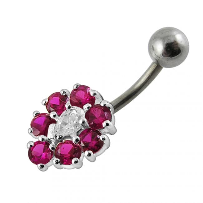 925 Sterling Silver Fancy Jewelled Flower SS Curved Non-Dangle Belly Ring