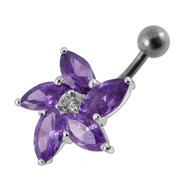 925 Sterling Silver Jewelled Flower With SS Curved Non-Moving Belly Ring