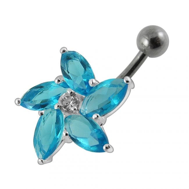 925 Sterling Silver Jewelled Flower With SS Curved Non-Moving Belly Ring