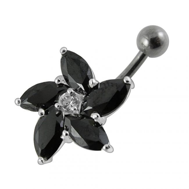 925 Sterling Silver Jewelled Flower With SS Curved Non-Moving Belly Ring