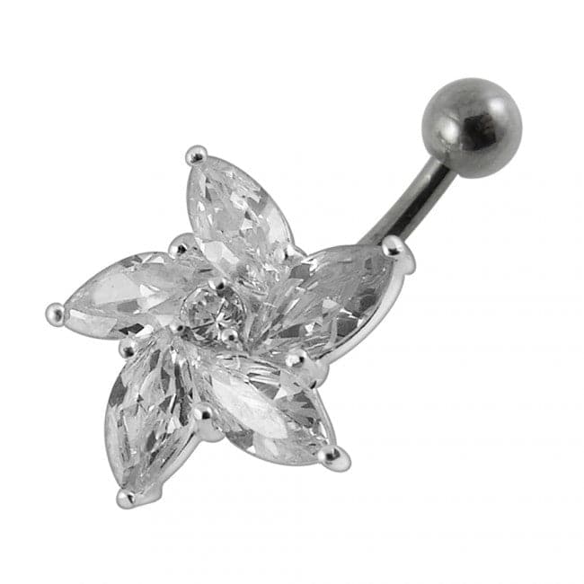 925 Sterling Silver Jewelled Flower With SS Curved Non-Moving Belly Ring