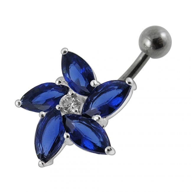 925 Sterling Silver Jewelled Flower With SS Curved Non-Moving Belly Ring