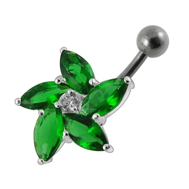 925 Sterling Silver Jewelled Flower With SS Curved Non-Moving Belly Ring