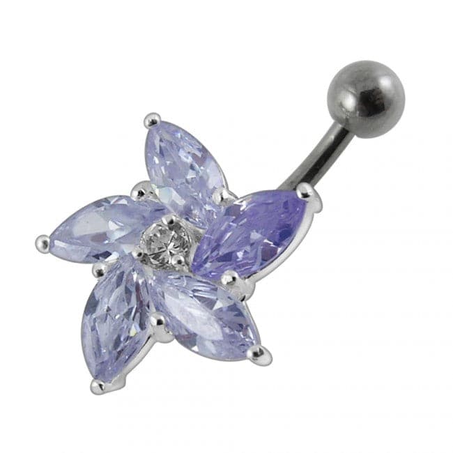 925 Sterling Silver Jewelled Flower With SS Curved Non-Moving Belly Ring