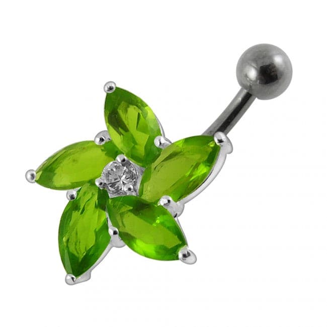 925 Sterling Silver Jewelled Flower With SS Curved Non-Moving Belly Ring