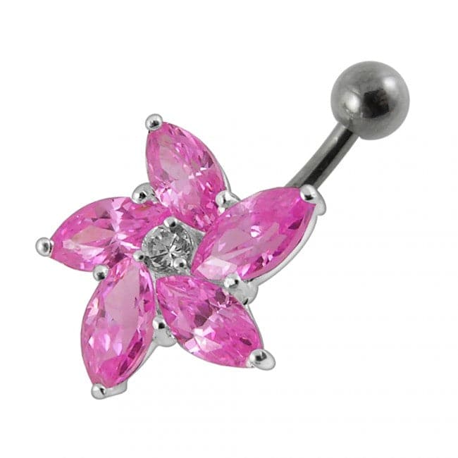 925 Sterling Silver Jewelled Flower With SS Curved Non-Moving Belly Ring