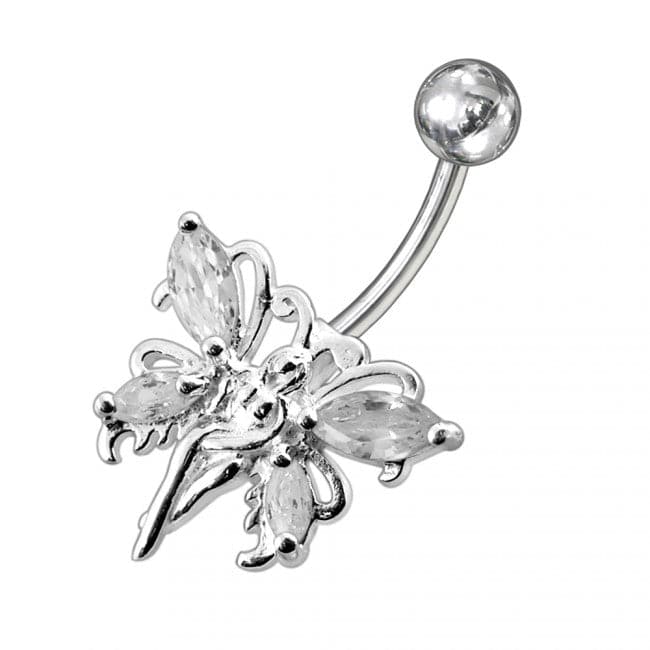 925 Sterling Silver Butterfly angel Jewelled Non-Moving Belly Ring