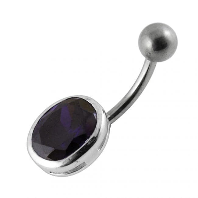 925 Sterling Silver Single Oval Shape Jewelled Non-Moving Belly Ring
