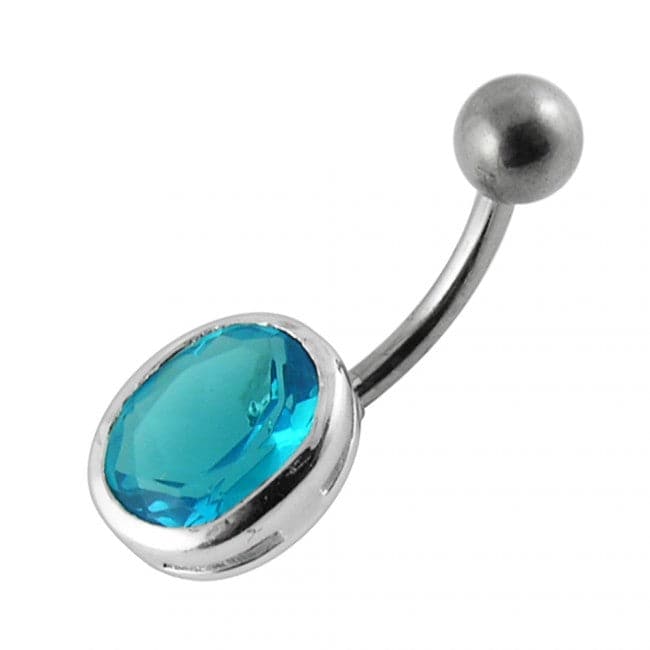925 Sterling Silver Single Oval Shape Jewelled Non-Moving Belly Ring
