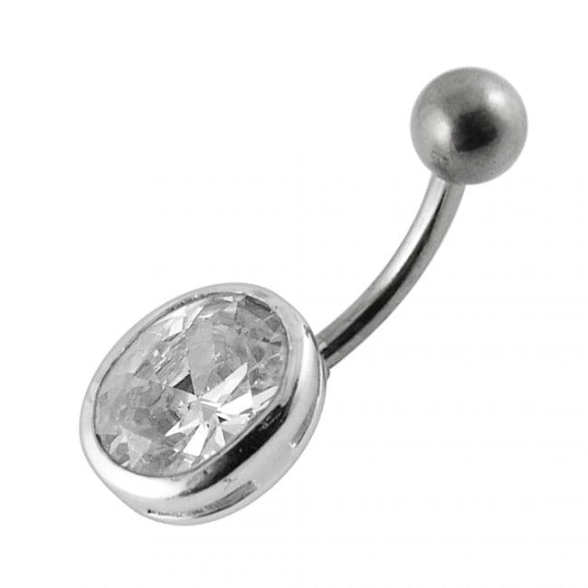 925 Sterling Silver Single Oval Shape Jewelled Non-Moving Belly Ring