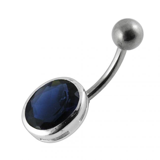 925 Sterling Silver Single Oval Shape Jewelled Non-Moving Belly Ring