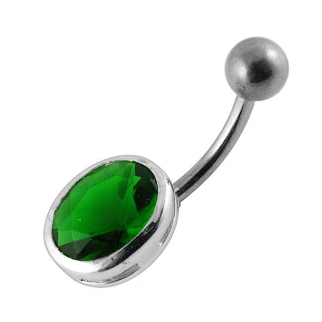 925 Sterling Silver Single Oval Shape Jewelled Non-Moving Belly Ring