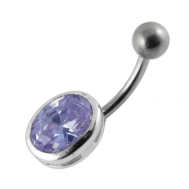 925 Sterling Silver Single Oval Shape Jewelled Non-Moving Belly Ring