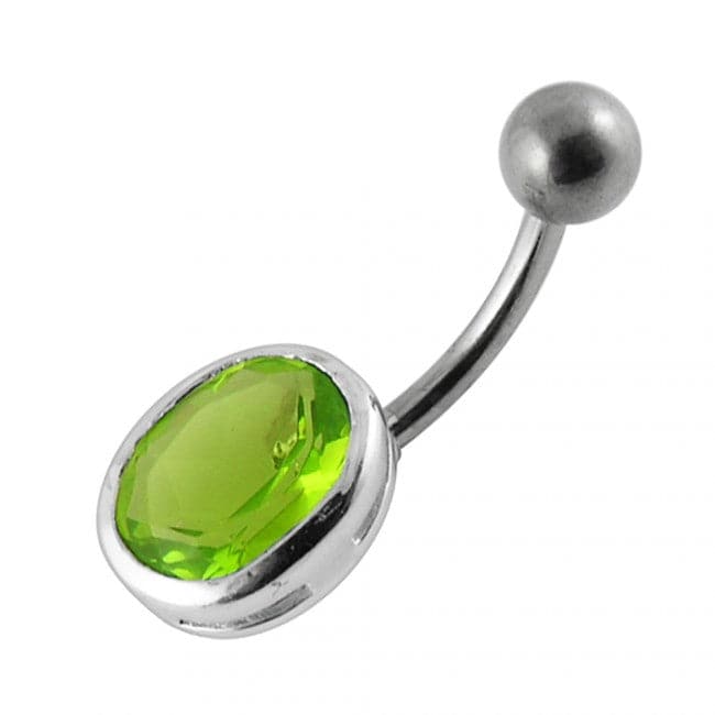 925 Sterling Silver Single Oval Shape Jewelled Non-Moving Belly Ring