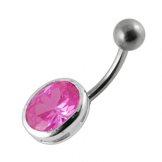 925 Sterling Silver Single Oval Shape Jewelled Non-Moving Belly Ring