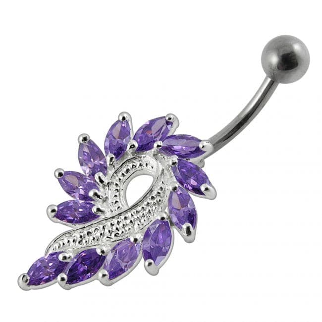 925 Sterling Silver Imaginary Jewelled Flower Non-Moving Belly Ring