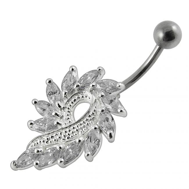 925 Sterling Silver Imaginary Jewelled Flower Non-Moving Belly Ring