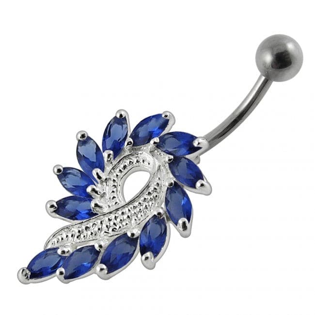925 Sterling Silver Imaginary Jewelled Flower Non-Moving Belly Ring