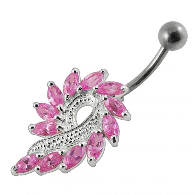 925 Sterling Silver Imaginary Jewelled Flower Non-Moving Belly Ring