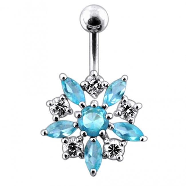 925 Sterling Silver Jewelled Flower Non-Moving SS Banana Bar Belly Ring