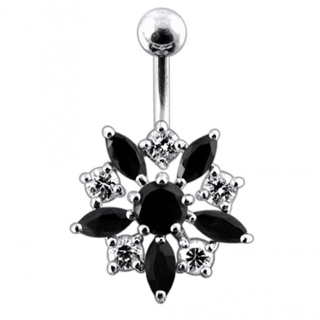 925 Sterling Silver Jewelled Flower Non-Moving SS Banana Bar Belly Ring