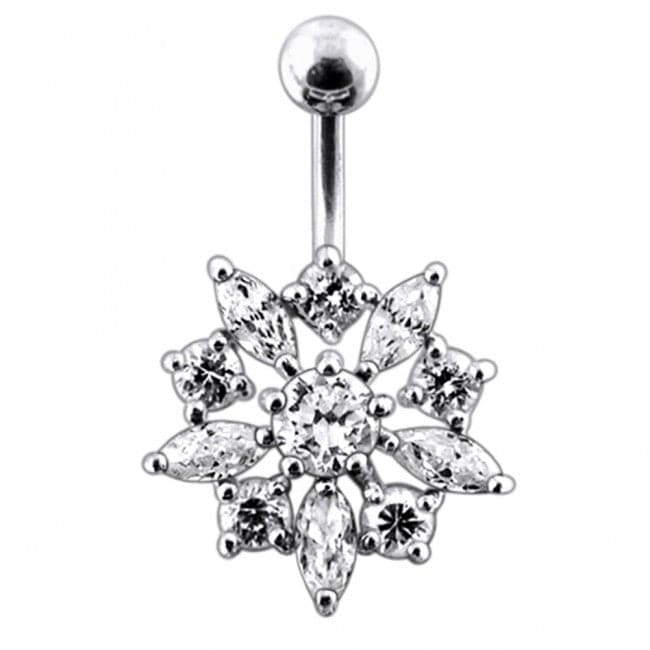 925 Sterling Silver Jewelled Flower Non-Moving SS Banana Bar Belly Ring