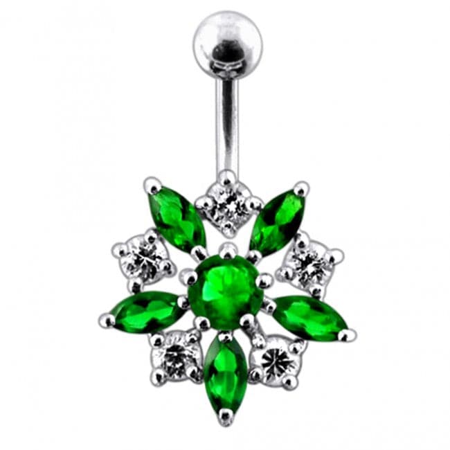 925 Sterling Silver Jewelled Flower Non-Moving SS Banana Bar Belly Ring