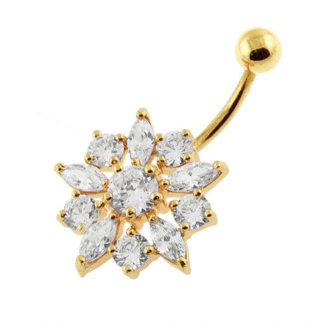 925 Sterling Silver Jewelled Flower Non-Moving SS Banana Bar Belly Ring