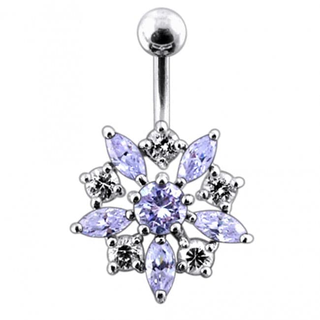 925 Sterling Silver Jewelled Flower Non-Moving SS Banana Bar Belly Ring