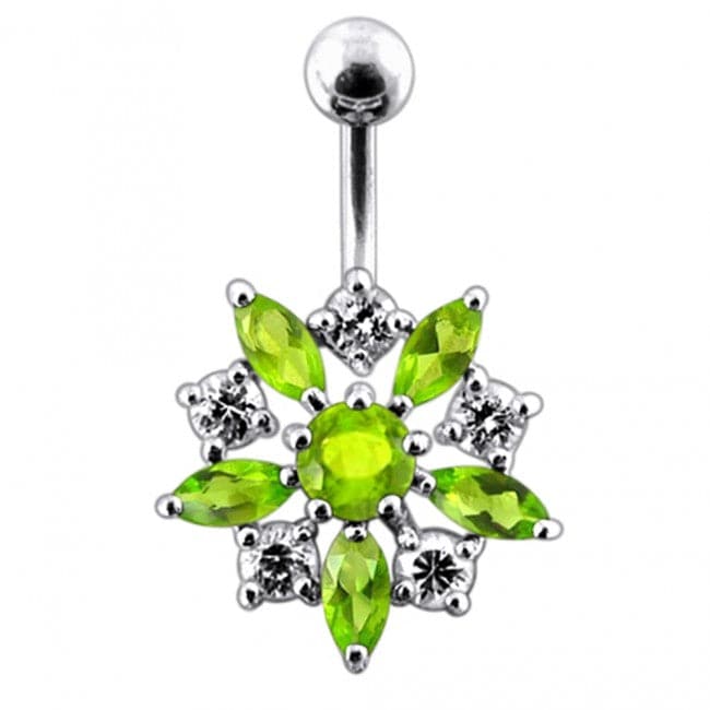 925 Sterling Silver Jewelled Flower Non-Moving SS Banana Bar Belly Ring