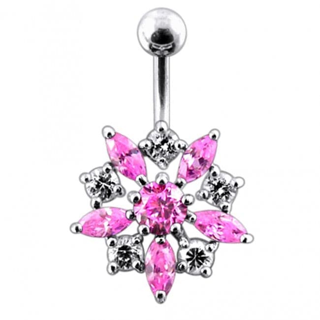 925 Sterling Silver Jewelled Flower Non-Moving SS Banana Bar Belly Ring