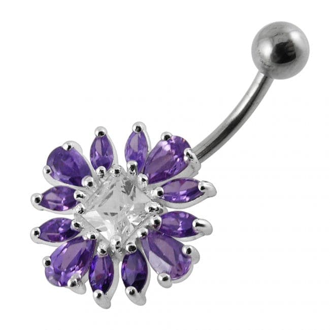 925 Sterling Silver Jewelled Flower Non-Moving Belly Ring