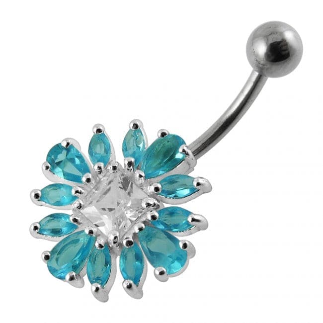 925 Sterling Silver Jewelled Flower Non-Moving Belly Ring