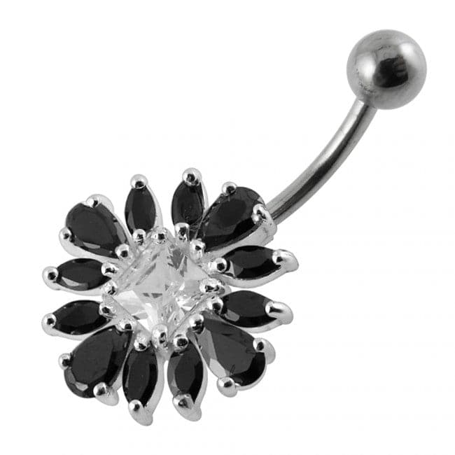925 Sterling Silver Jewelled Flower Non-Moving Belly Ring