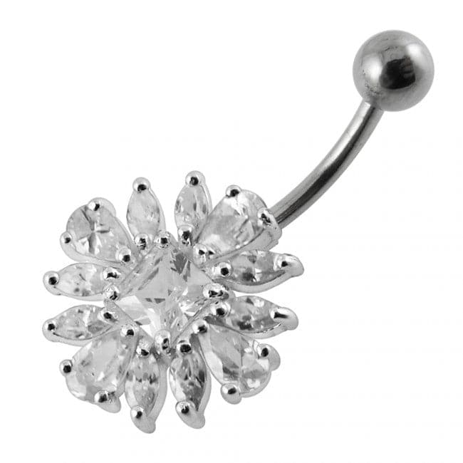 925 Sterling Silver Jewelled Flower Non-Moving Belly Ring