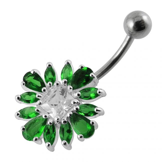 925 Sterling Silver Jewelled Flower Non-Moving Belly Ring