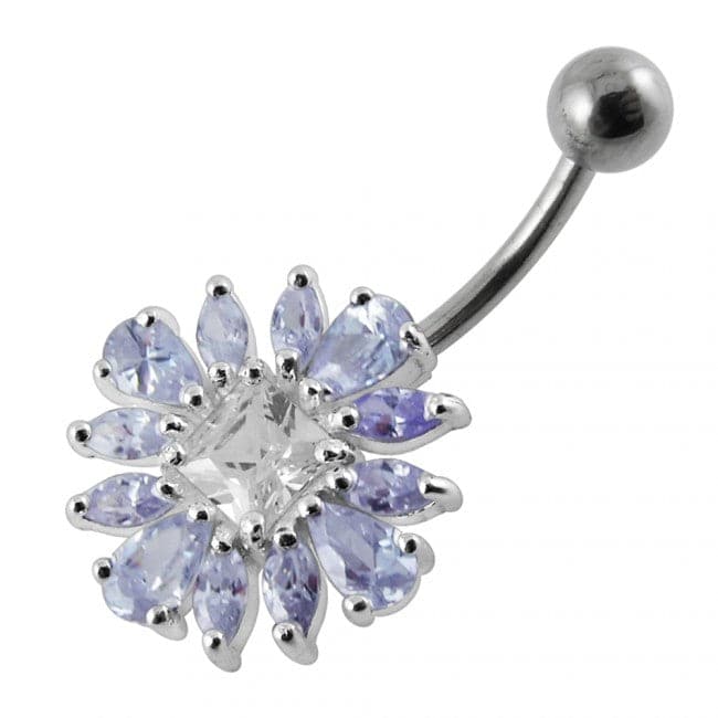 925 Sterling Silver Jewelled Flower Non-Moving Belly Ring